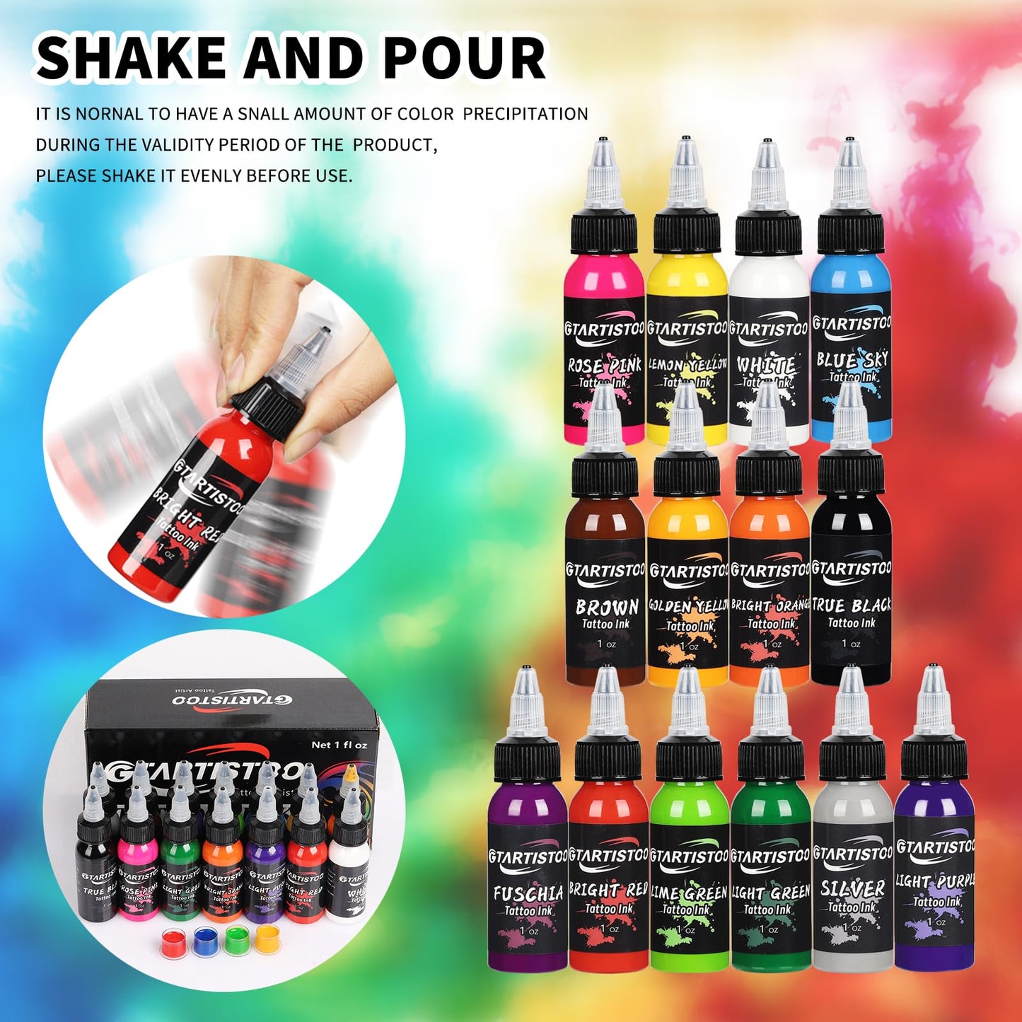 GTARTISTOO Professional Tattoo Ink Set 14 Colors 1OZ (30ml) Vegan-Friendly Pigment Tattoo Ink Supplies Ink