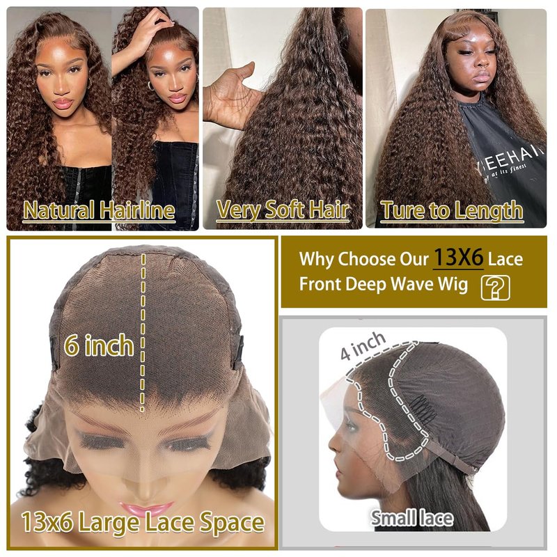 BIANFA 30 Inch Chocolate Brown Deep Wave Lace Front Wigs Human Hair 220 Density 13x6 HD Lace Frontal Wig Curly Human Hair Pre Plucked Wig for Women Brown Glueless with Natural Hairline