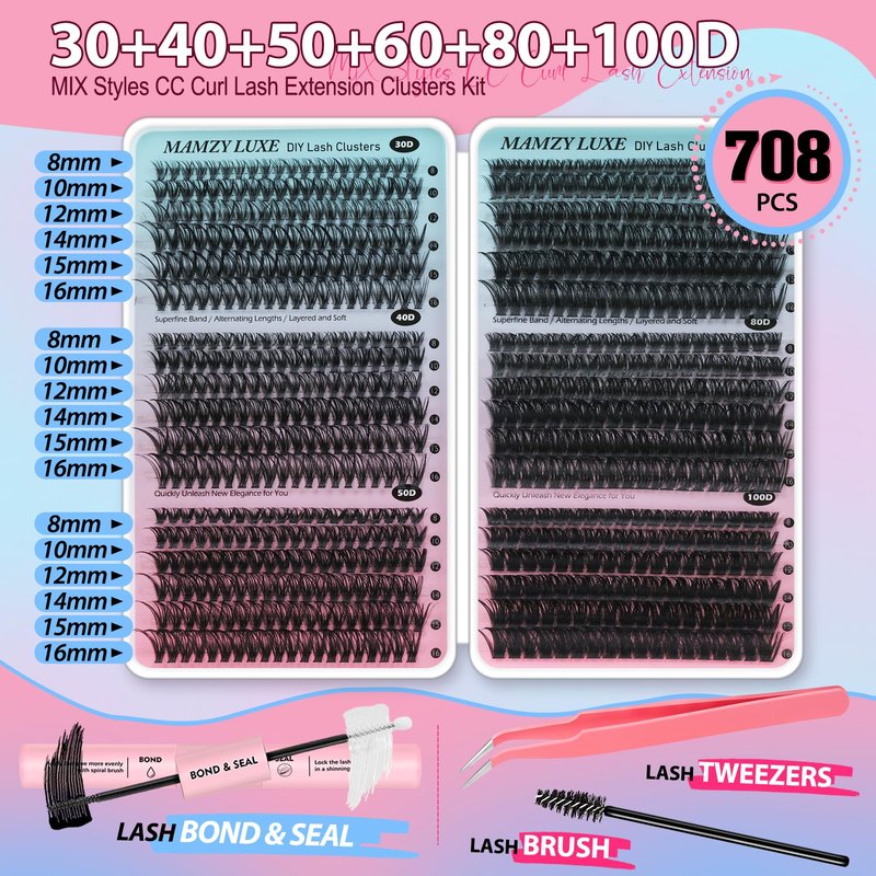 Lash Clusters Kit 708Pcs Individual Cluster Lash Extensions Kit 30D+40D+50D+60D+80D+100D Wispy Eyelash Clusters with Lash Bond and Seal and Tweezers 10-16mm 6 Styles Mix Lashes Clusters Kit