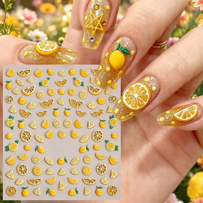 2Pcs Lemon Nail Stickers 5D Embossed Summer Fruit Slice Nail Decals DIY Glossy Yellow Lemon Nail Art Stickers Cute Cartoon Fun Adhesive Sliders Acrylic Nails Supply for Women Home Manicure