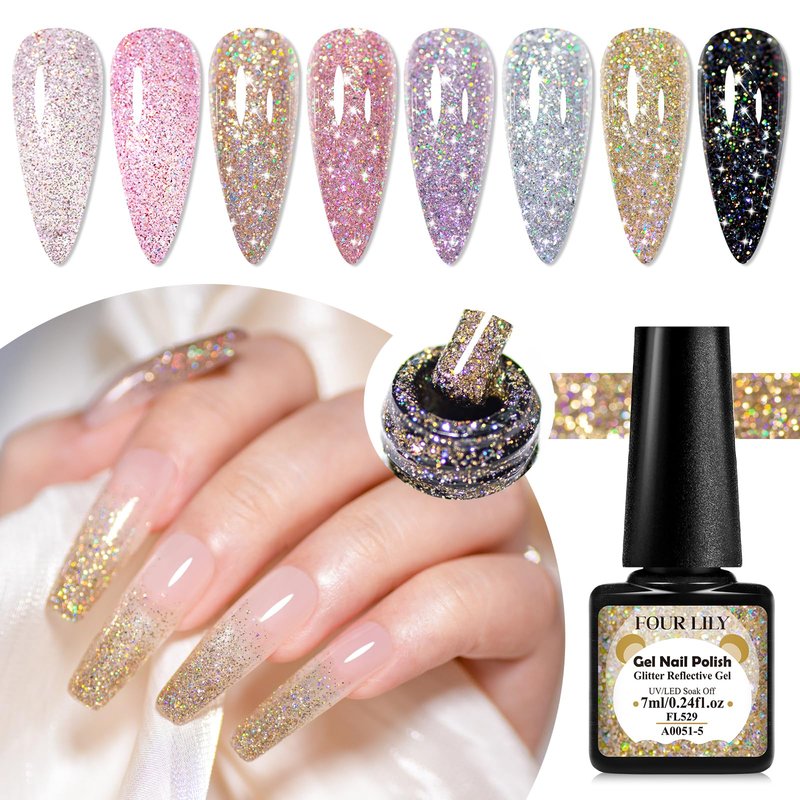 Four Lily Reflective Glitter Gel Nail Polish Set of 8 Colors Pink Red Black Silver Shimmer Sparkle Gel Polish Collection Kit LED Soak Off Nail Polish Manicure Art Gel Kit Home DIY Nail Salon