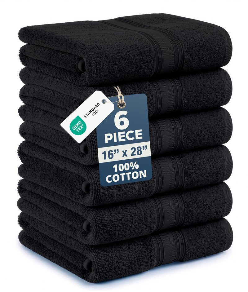 Black Hand Towels for Bathroom - 6 Pack (16"x28"), 100% Ringspun Cotton Hand & Face Towel - Soft, Prevent Fraying, Fade and Shrink Resistant - Daily Use Gym Towels for Men & Family Bathroom Hand Towel