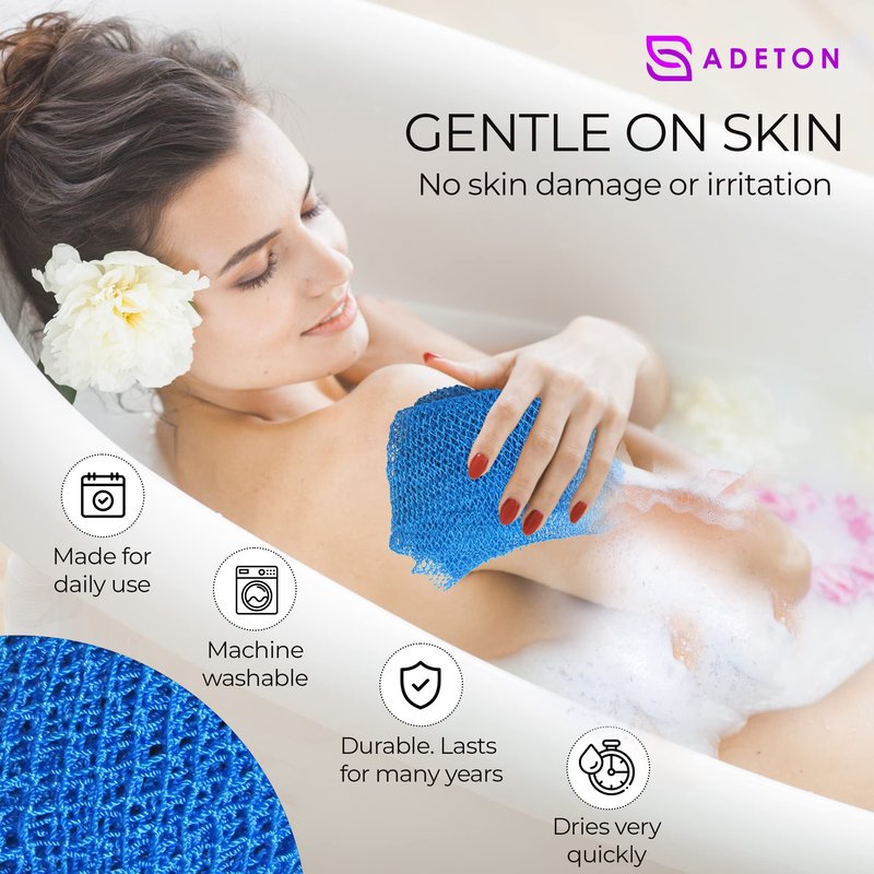 Adeton African Net Sponge, Exfoliating Body Scrubber, Body Exfoliator, Long Net Sponge, 17 Colors, Sapo, Shower Bath Accessories, Back Foot Scalp Scrub, Flat Dead Skin Remover Body Wash (Sky Blue)