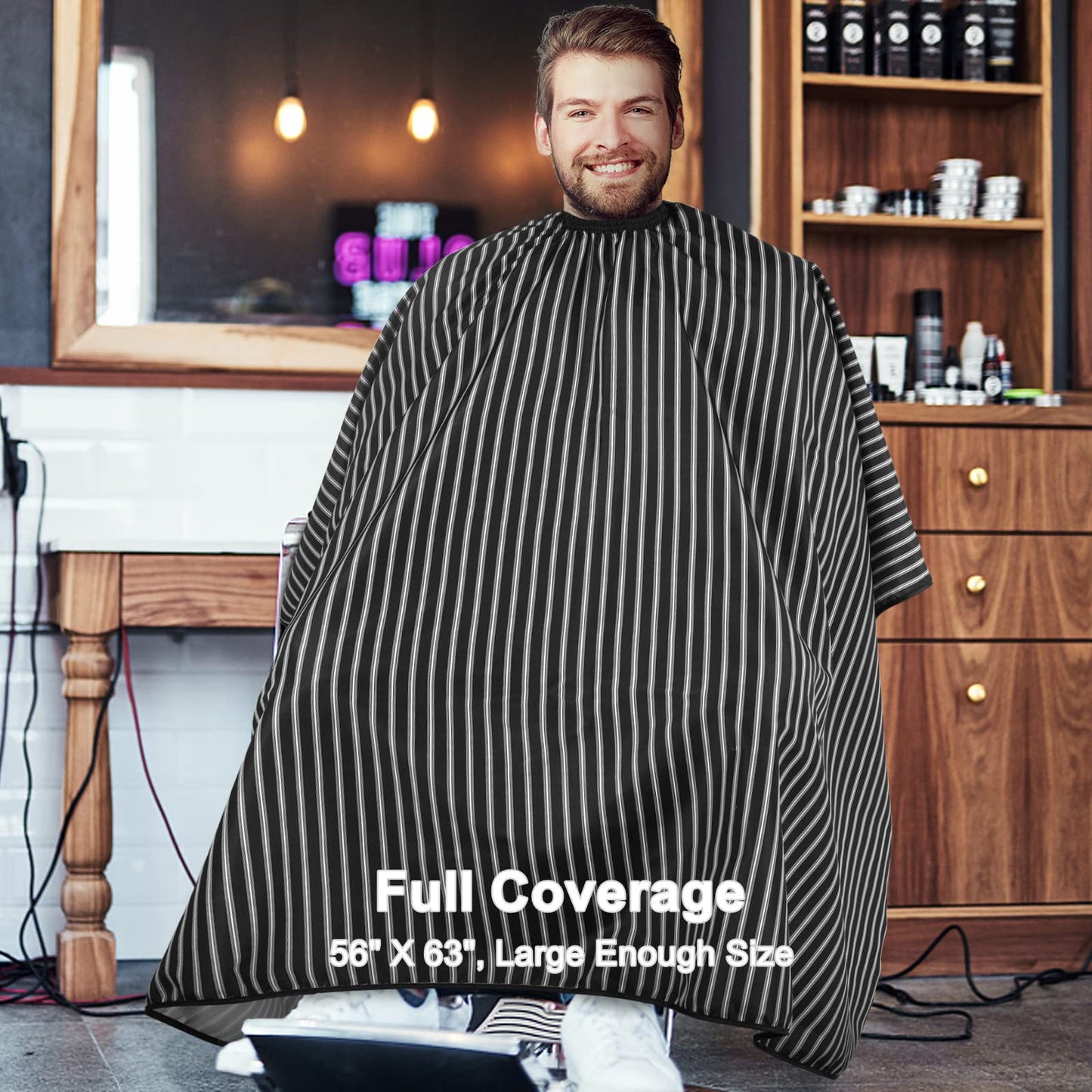 YELEGAI Professional Hair Cutting Cape with Neck Duster Brush, Large Size Salon Hairdresser Cape for Men, Women and Kids(Black With White Stripes)