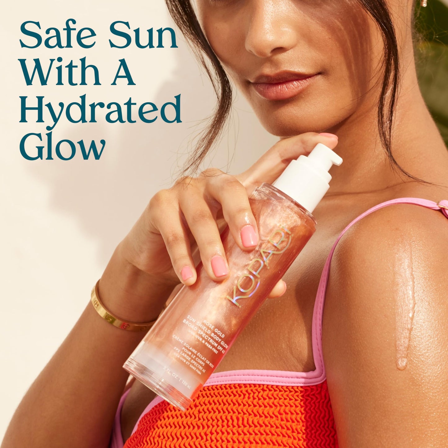Kopari Sun Shield Body Glow, Broad Spectrum SPF 45, Lightweight Shimmering Gel Texture Absorbs Quickly, Non Sticky, Glowing Results, Rose Gold 5 oz