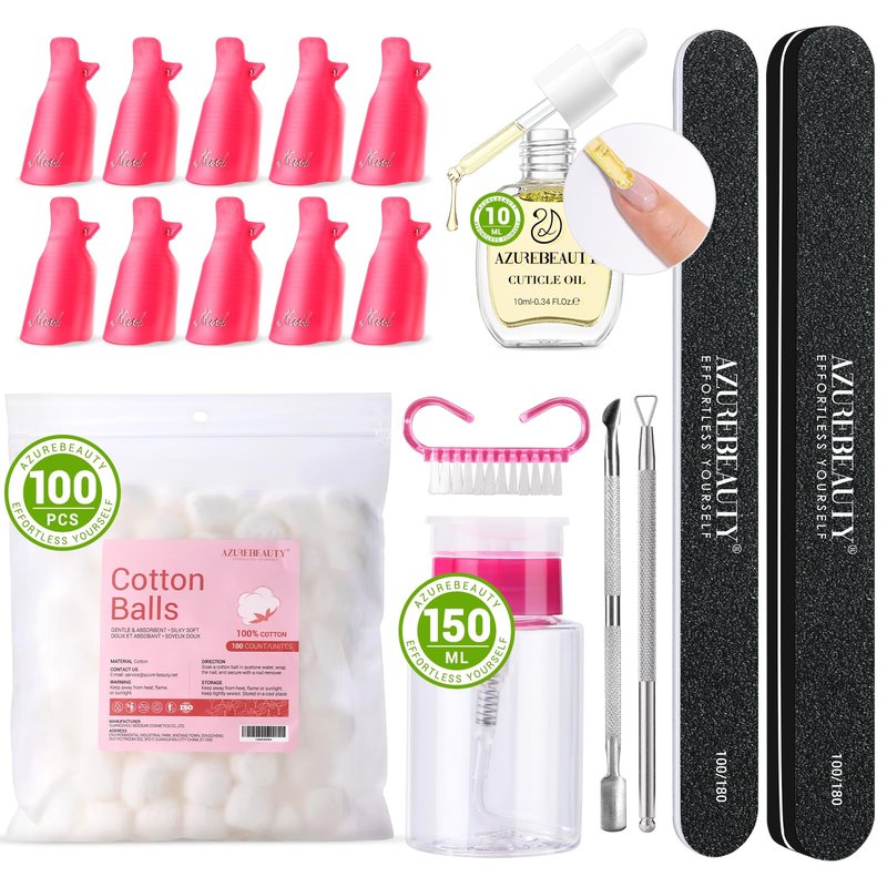 AZUREBEAUTY Nail Polish Gel Remover Tools Kit with Nail Clips, 150ml Remover Bottle, 10ml Cuticle Oil, 100 Nail Remover Cotton Balls, Cuticle Pusher Peeler Brush, 100/180 Nail File, Nail Art Tools Set