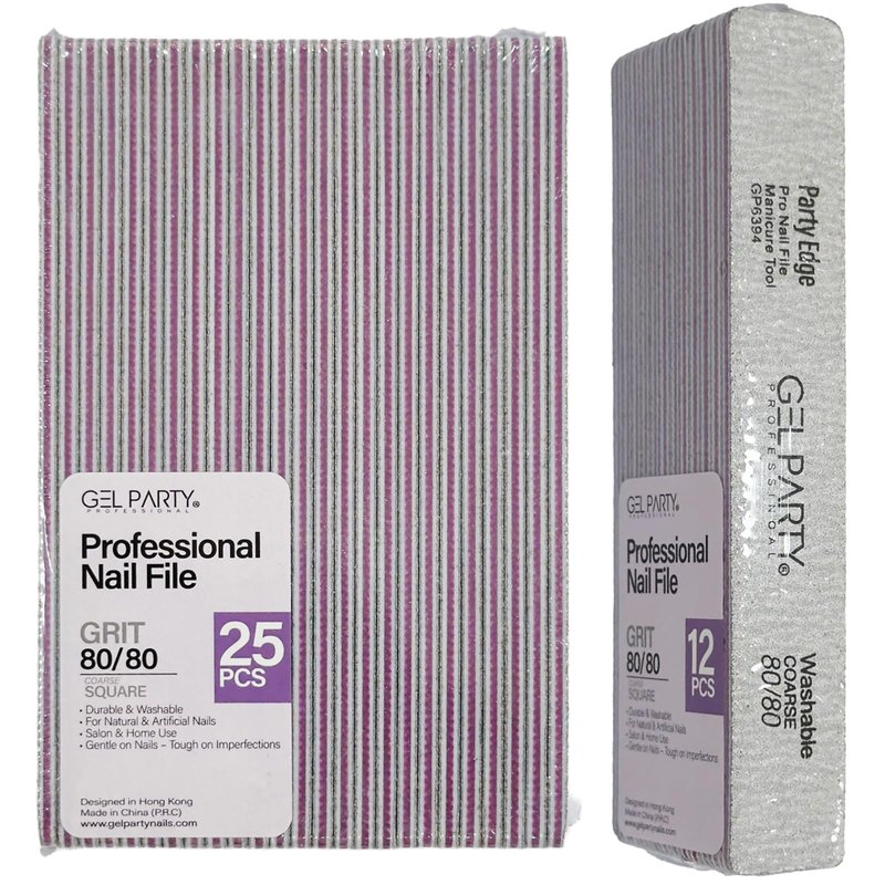 GELPARTY Professional Nail Files 80/80 Grit Square - 25 Pack Bulk Washable Emery Boards - Extra Coarse Grit for Removing Acrylics & Hard Gel Extensions (Salon Value Set)