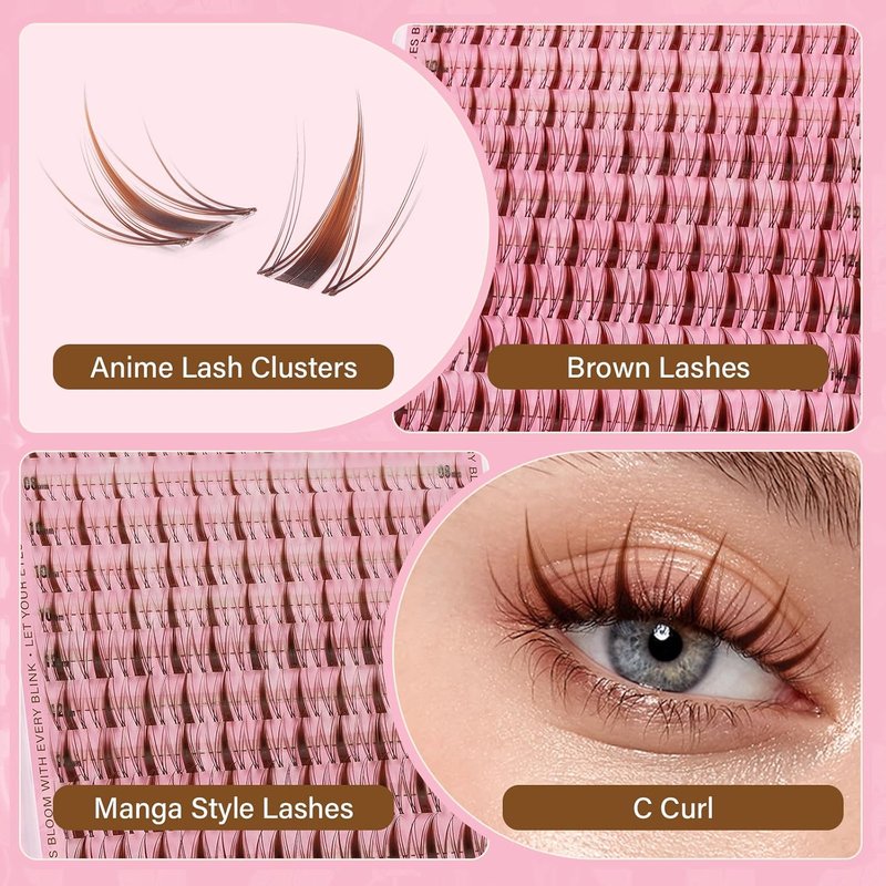 Fairy Spiky Brown Anime Lash Clusters - 144pcs Wispy D Curl 8-16mm Individual Lashes with Invisible Band, Manga Style for DIY Natural Look at Home