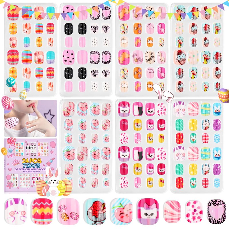 SAVILAND Press on Nails for Kids 7-day Styling: 168PCS Kids Press on Nails for Girls Colorful Patterns Full Cover Short Square Fake Nails False Nail Art Set Christmas Easter Gifts 8-12 Years Child