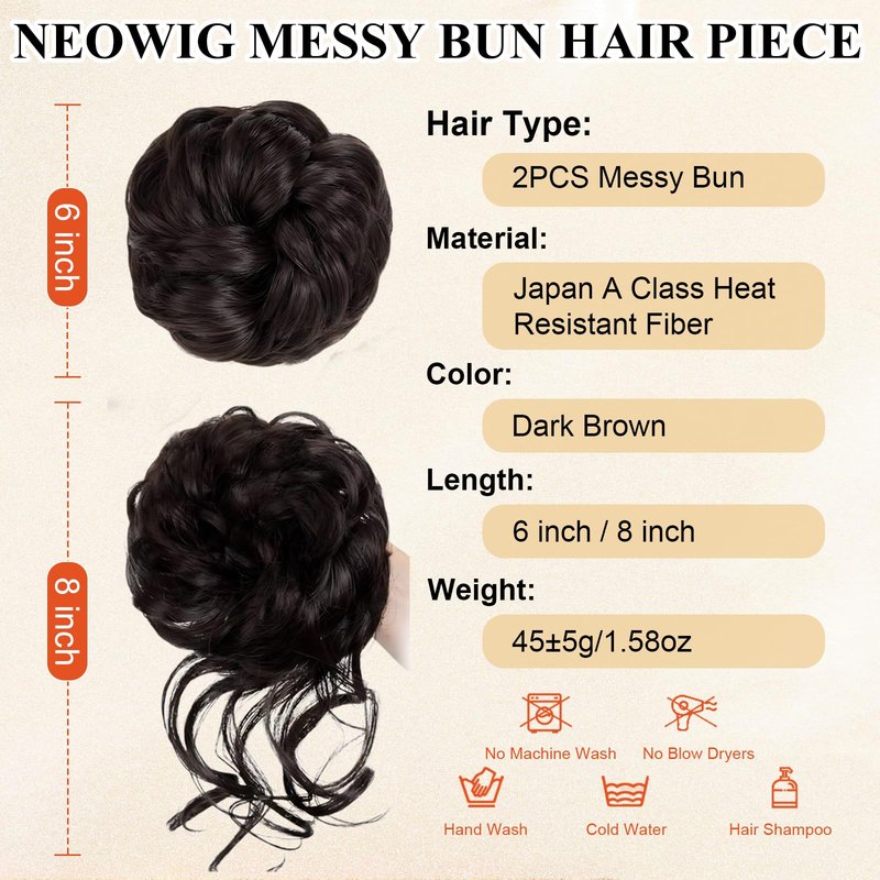 NEOWIG 2PCS Messy Bun Hair Piece for Women Wavy Curly Hair Bun Hair Pieces Synthetic Updo Chignon Fake Scrunchies Ponytail Extension for Daily Dark Brown