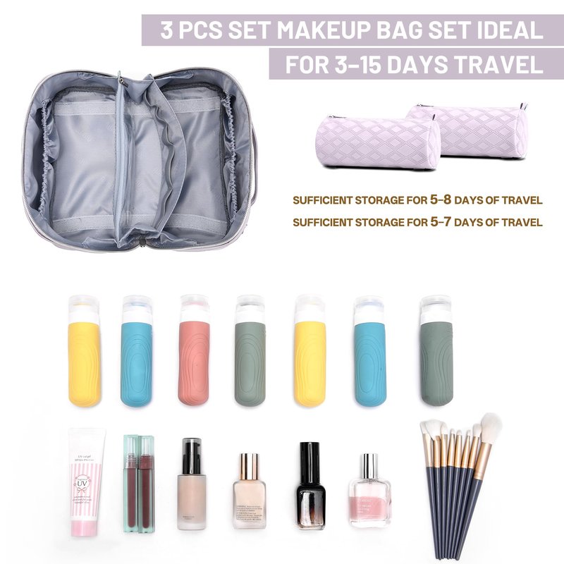 BOYATU Travel Makeup Bag for Women: Large Capacity 3-Piece Quilted Cosmetic & Toiletry Organizer - 2 Detachable Pouches Expand Storage by 50%, Open Flat for Easy Packing, Waterproof PU Leather(Purple)