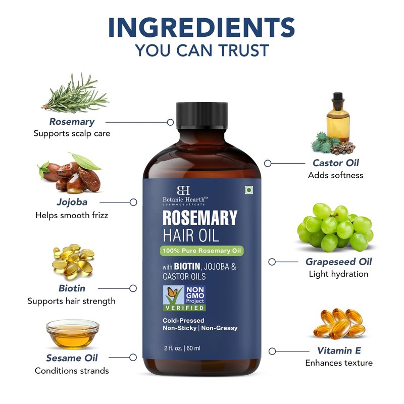 Botanic Hearth 100% Pure Rosemary Oil For Hair Growth | Infused With Biotin, Jojoba & Castor Oil | Hair Oil Repairs Dry Damaged Hair, Strengthening, Healthier - Hair Tonic, 2.0 fl oz