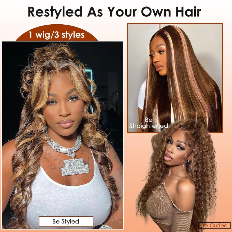 Hepnok 30 Inch Highlight Ombre Lace Front Wig Human Hair Honey Blonde Body Wave 13x6 HD Lace Front Wigs Human Hair Pre Plucked 200 Density Brown 4/27 Colored Lace Frontal Glueless Wigs for Women