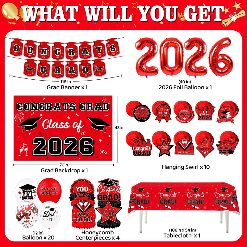 DMIGHT Graduation Decorations 2026, Class of 2026 Backdrop, Banner, 2026 Foil Balloons, Tablecloth, Hanging Swirls, Honeycomb Centerpieces, Party Supplies Decorations Set for College (RED)