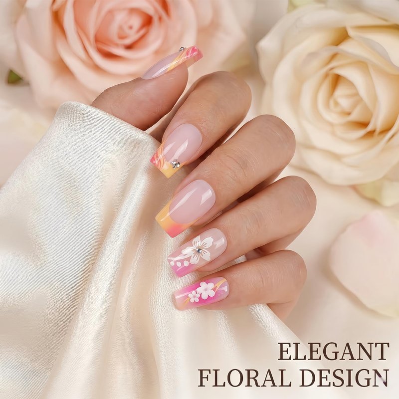 24Pcs Press on Nails Medium Square, Pink & Orange Ombre French Tip Fake Nails with 3D White Flowers & Rhinestones, Glossy Swirl Summer Acrylic Stick on Nails for Women & Girls