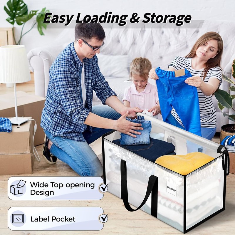 Extra Large Heavy Duty Moving Bags - 8 Pack Clear Storage Totes with Reinforced Handles & Zippers | Ideal for Clothes & College Supplies
