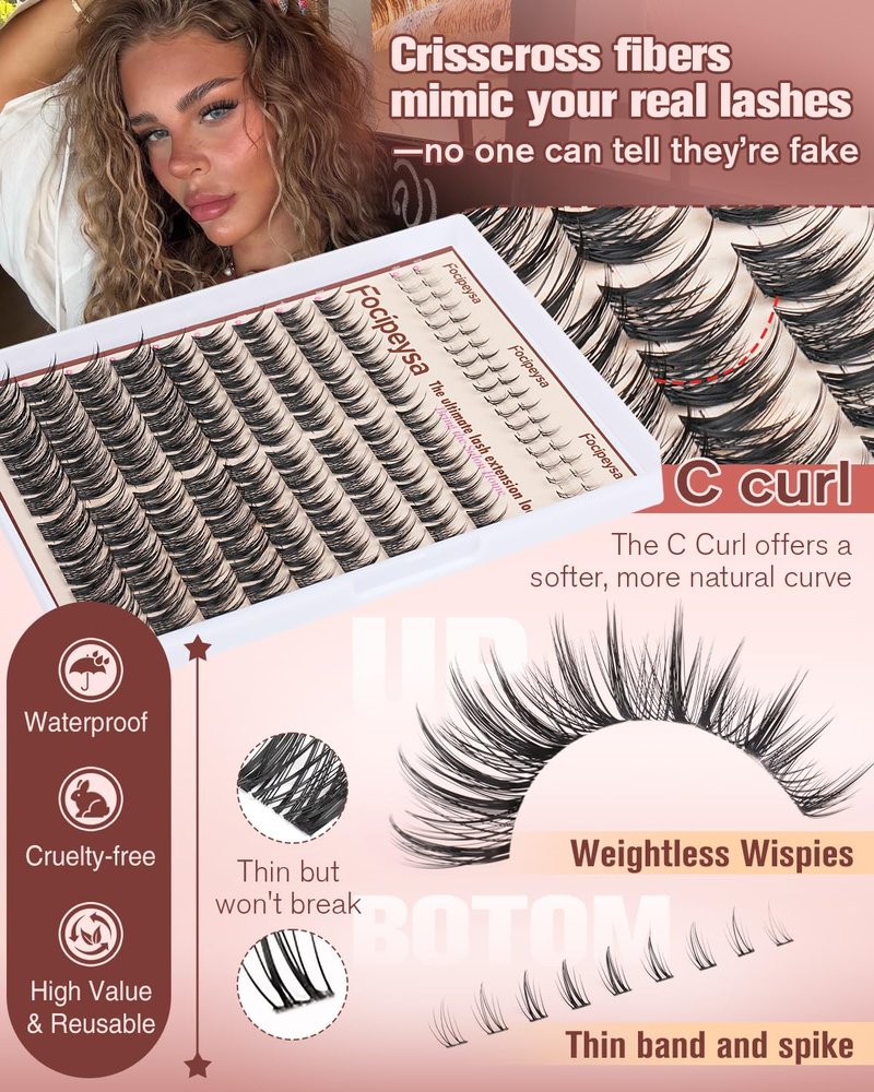 Focipeysa Wispy Lash Clusters Natural Eyelash Clusters Pestañas Postizas Naturales Spiky Manga Lash Extensions C Curly Individual Lashes 10-16mm with Bottom Lashes Clusters DIY Lash at Home