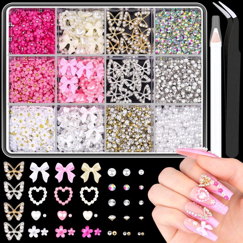 Skiennix 3D Nail Charms Set - 20PCS Chunky Butterflies & 75PCS Coquette Bows | Rhinestones & Pearls for Y2K Nail Art