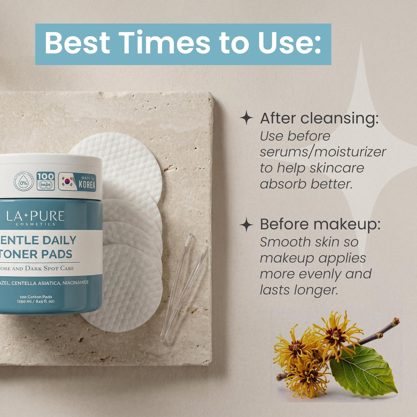 LA PURE Korean Toner Pads for Face - Alcohol-Free Exfoliating Pads with Witch Hazel, Centella Asiatica & Niacinamide to Exfoliate, Hydrate, Refine Pores & Improve Look of Dark Spots, 100 Ct