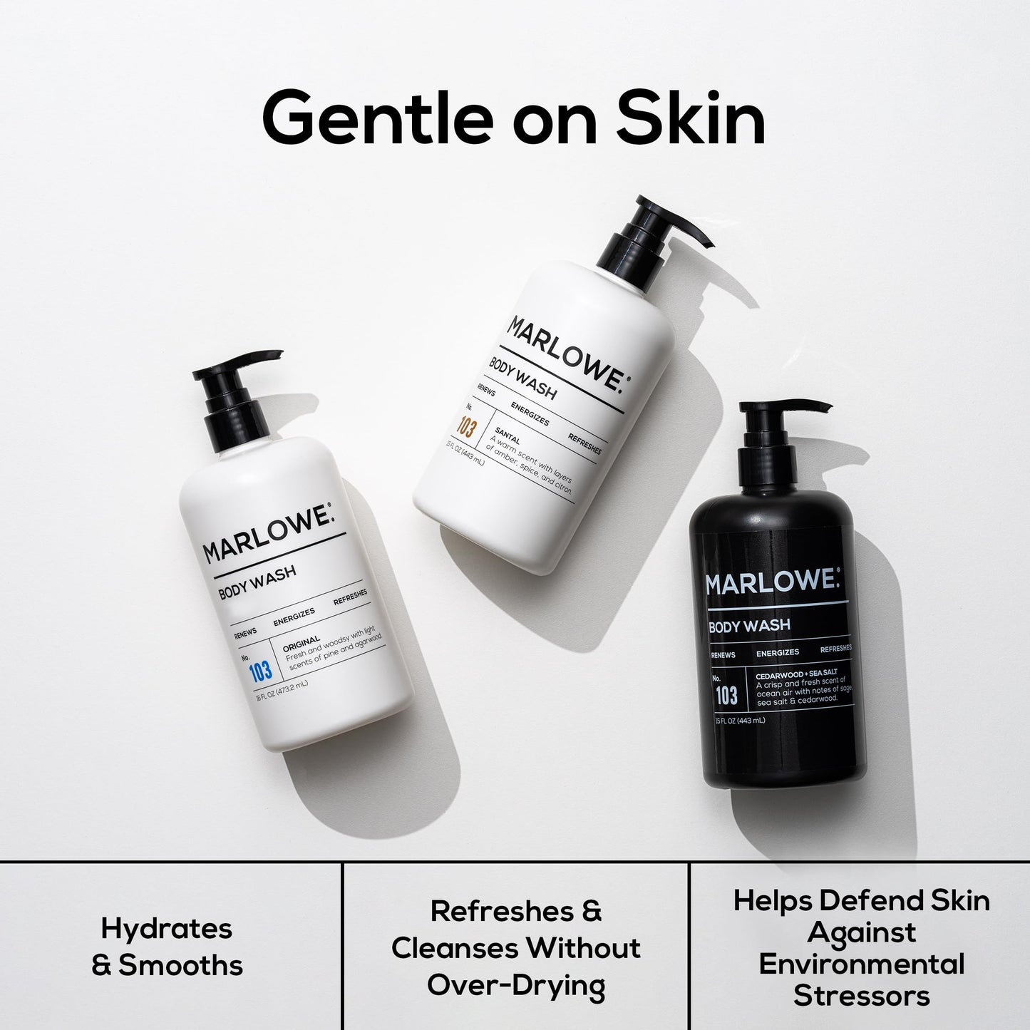 MARLOWE. Men's Body Wash, 15oz Pump, Energizing & Refreshing Shower Gel, Moisturizes, Nourishes, Clean Vegan Formula with Willow Bark & Green Tea Extracts, Warm Amber, Sandalwood & Citron Santal Scent