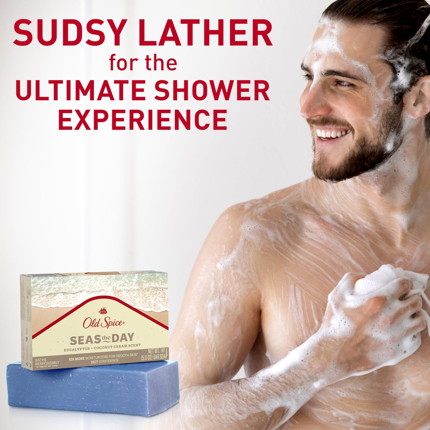 Old Spice Men's Bar Soap, Seas The Day Eucalyptus and Coconut Cream Scent, 10x More Moisturizers for Smooth Skin with Mild Exfoliators & Plant Based Cleansers, 5.0 oz