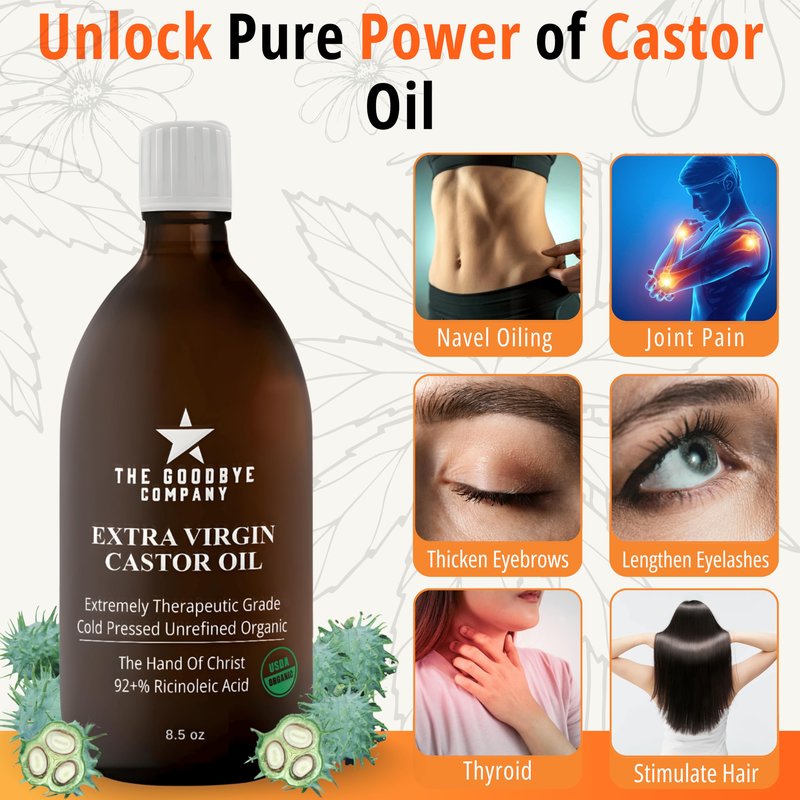 Goodbye Company USDA Organic Food Grade Cold-Pressed Castor Oil - 8.5 oz Glass Bottle, Hexane-Free, Extra Virgin, Small Batch Family Farm Ethically Sourced for Hair Growth, Digestion, Lashes, Brows