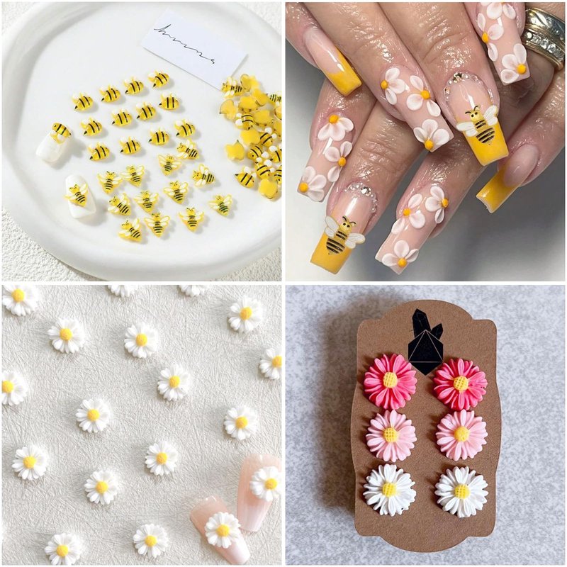 3D Flower Nail Charms, Cute Bee Daisy Flowers Charms for Acrylic Nails, Alloy Rose Butterfly Rivet Nail Charm and Rhinestones Gems for Nails Art Designs Accessories