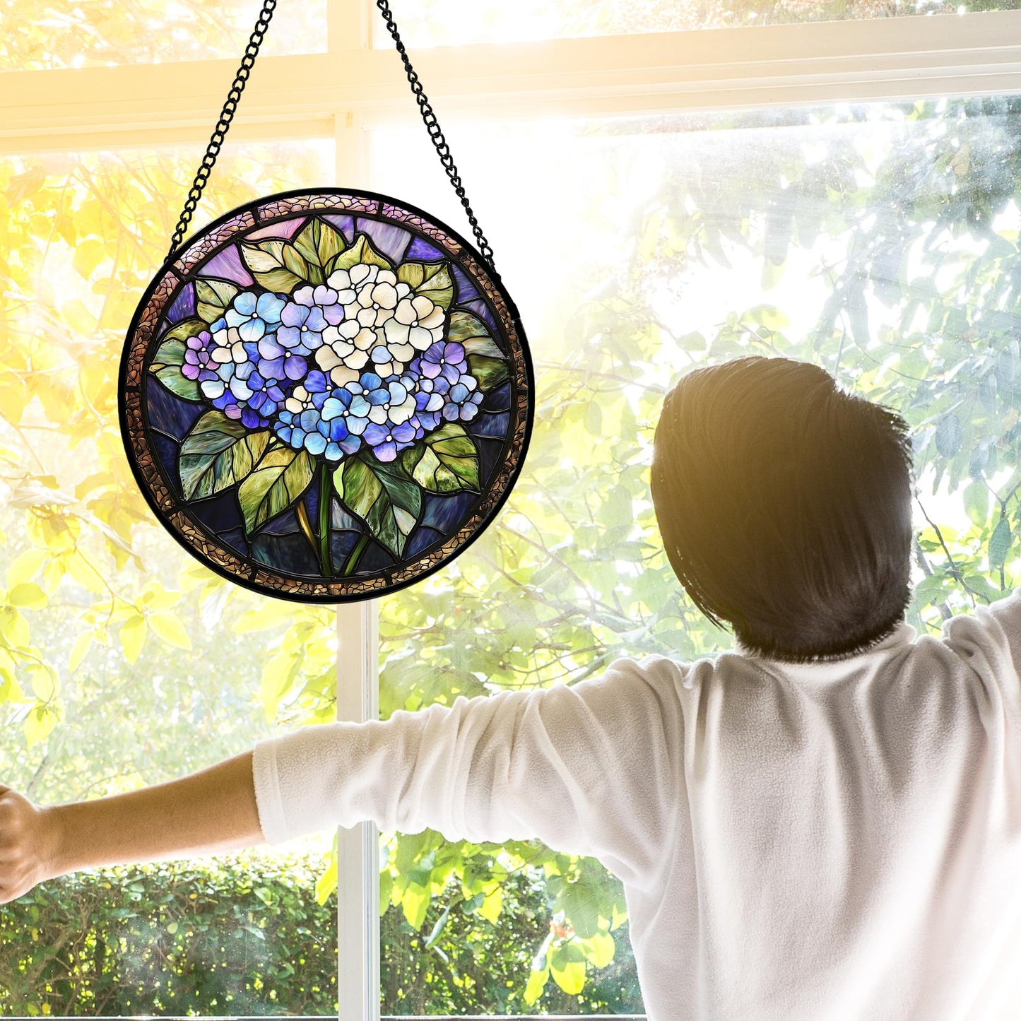 DASTOLL Stained Glass Window Hanging, Hydrangea Flowers Sun Catchers Diamond Glass Panel Hangings Plant Suncatcher Decor for Birthday for Women, Men, Wife, Aunt, and Mom 11.8x11.8 in