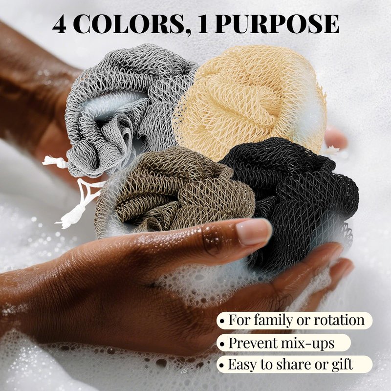 African Net Sponge Authentic-4 Packs African Exfoliating Net Sponge,Bath Sponges for Shower,42 inch Long for Normal to Sensitive Skin, for Daily use, Body Exfoliator Shower(Linen&Brown&Black&Grey)