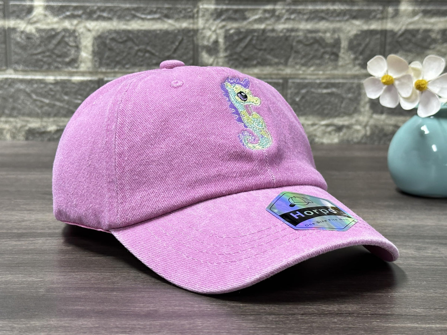 Horpe Kid Seahorse Baseball Cap, Sea Creature Gifts for Girls, Ocean Animal Washed Pink Hat for Child, Present for Summer Beach Aquarium Visits