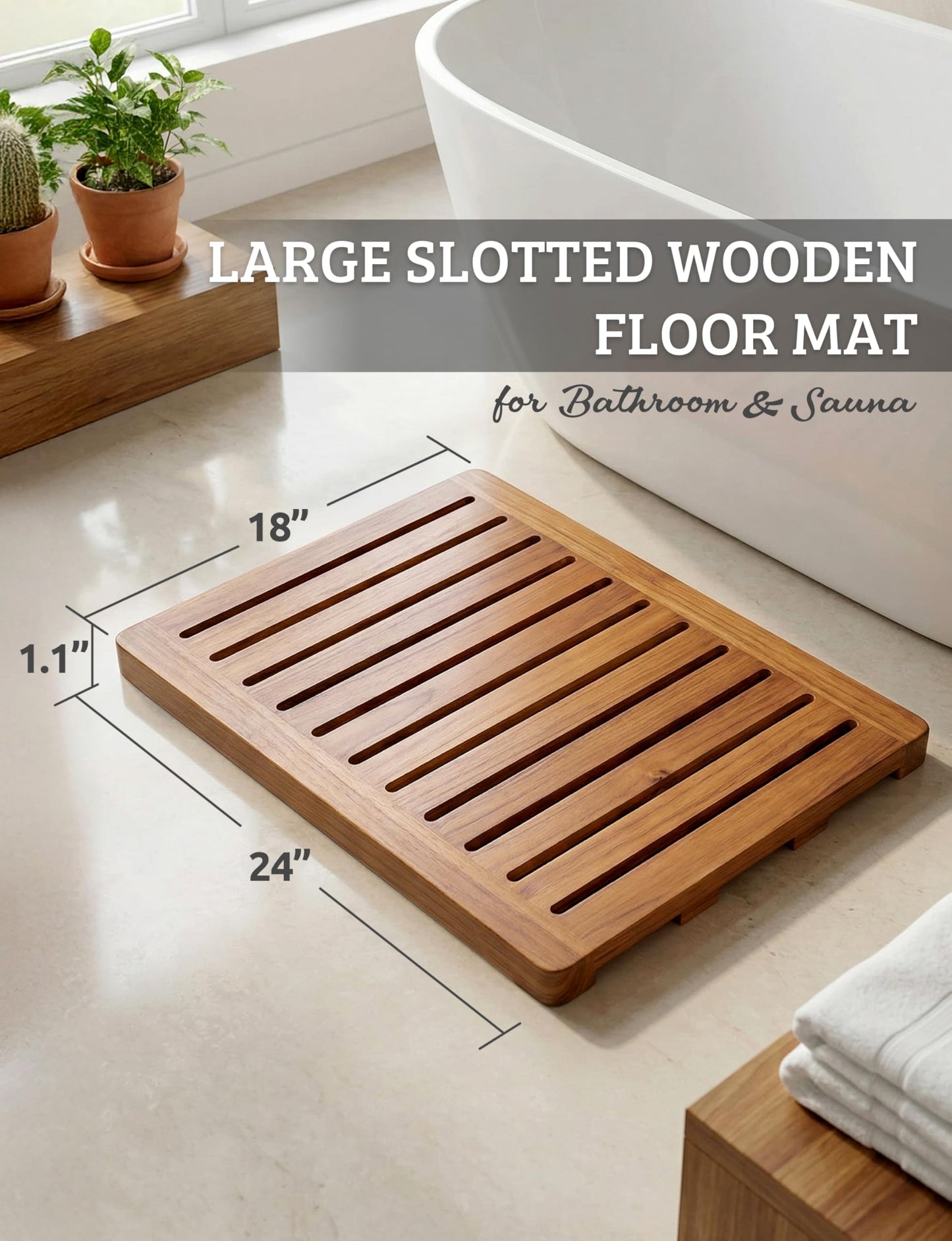 Acacia Wood Shower Mat 24x18 Inches by Demigo, Luxury Bath Mat Non Slip for Bathroom Bathtub Shower Spa Garden Home, Wooden Floor Mat Square Large for Outdoor and Indoor