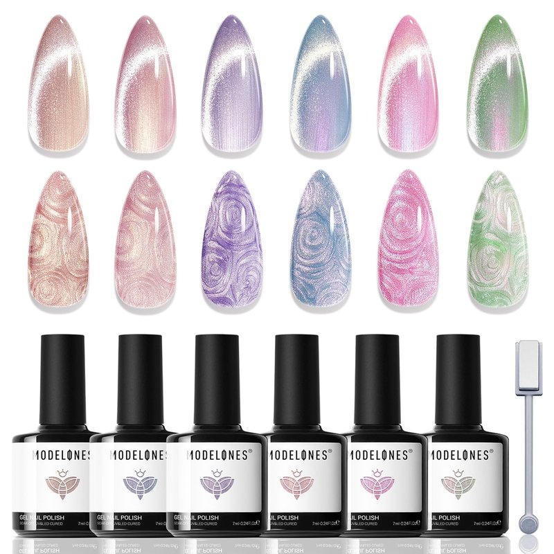 modelones Cat Eye Gel Nail Polish, 6 Colors Shimmer Pearl Magnetic Nail Drawing Set with Magnet, Iridescent Mermaid Swirl Shell Thread Purple Pink Blue Glitter, DIY Manicure Gift for Women Girl