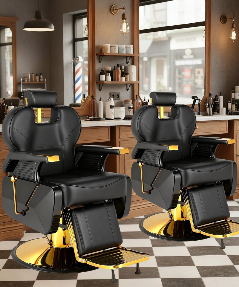 Felivine Barber Chair, Heavy Duty Barber Chair for Home Reclining Barber Chair with Adjustable Headrest & Footrest, All-Purpose Barber Chairs Adjustable Hydraulic 360° Swivel, Black Gold