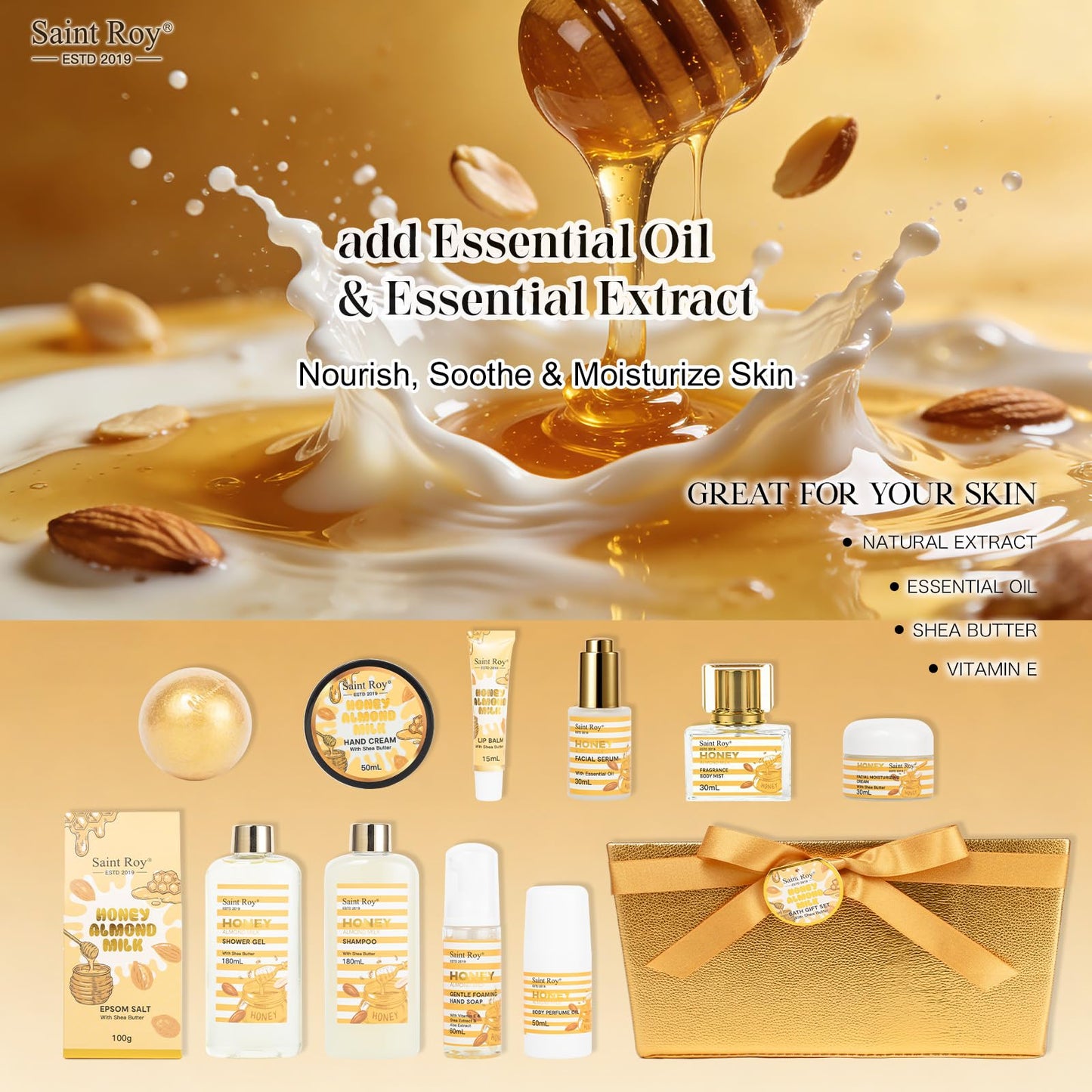 34 Pcs Skin care kit Spa Gift Set for Women & Men, Honey & Almond Milk Bath & Body Gift Basket, Face Skin Care Kit with Shower Gel, Self-Care Manicure, Birthday, Christmas, Mother Day, Anniversary
