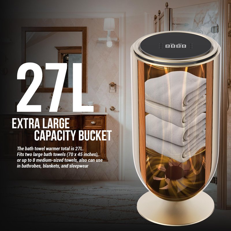 EZZINI 27L Large Towel Warmer Bucket Dryer – Rapid Heating with Automatic Lift Cover, Negative Ion Freshening, 4 Heat Settings & Aromatherapy – Perfect for Towels, Blankets & Bathrobes (Gold)
