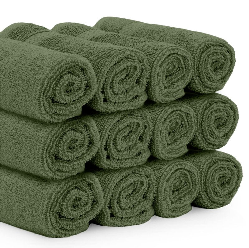 White Classic Luxury Cotton Washcloths 13x13 Inch - 650 GSM Turkish Cotton | Hotel, Spa, Bathroom Face Towel | 12 Pack, Forest Green