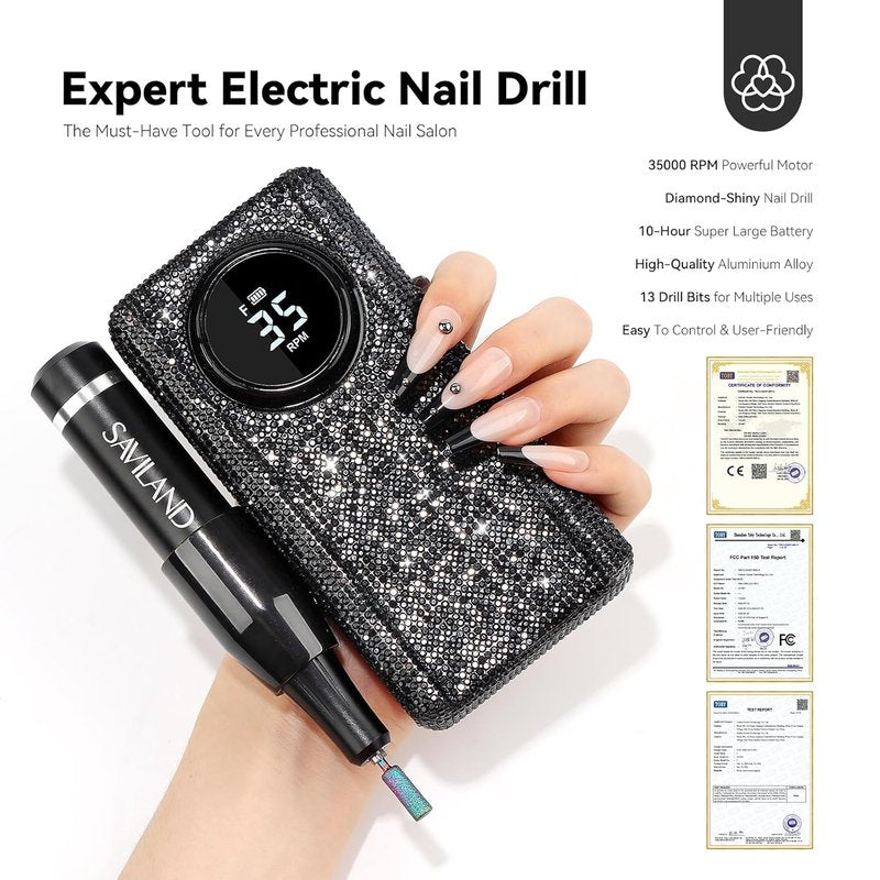 SAVILAND Electric Nail Drill - 35000RPM Portable Acrylic Nail File | Fast Removal & Long Battery Life