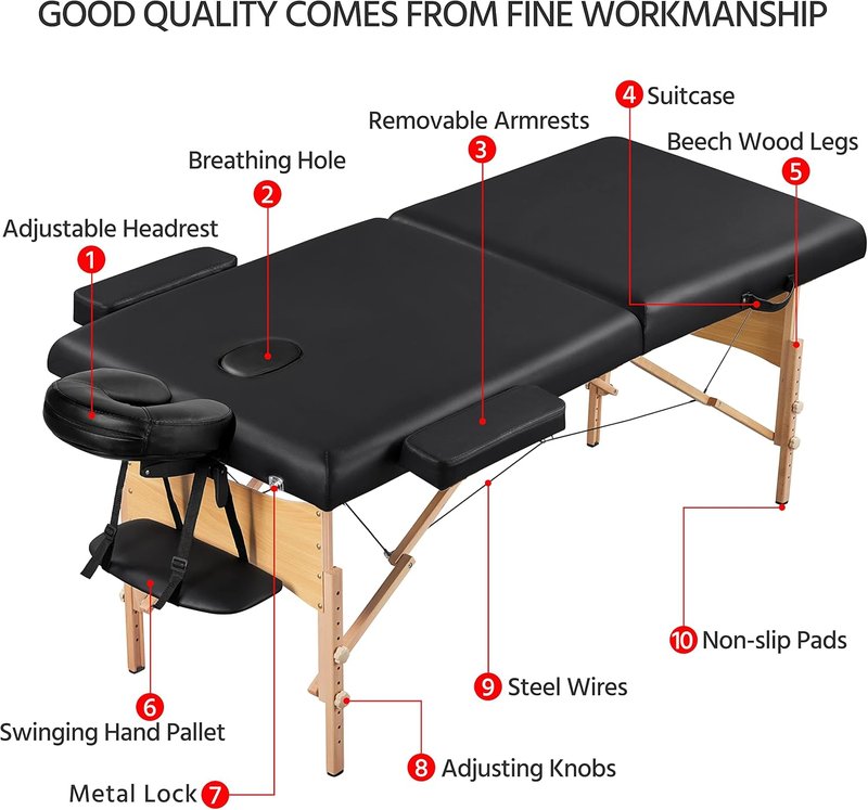 Portable Massage Table - Adjustable 2-Fold Spa Bed with Non-Woven Bag | 28-Inch, Black