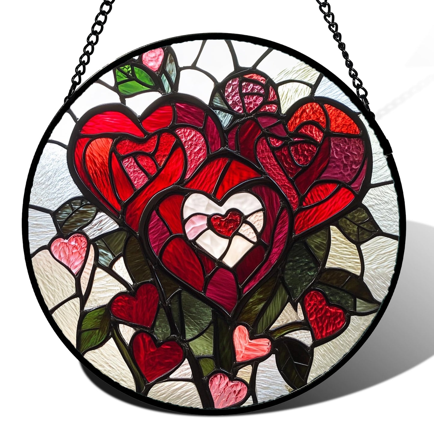 QZQCBLC Stained Glass Window Hanging Red Heart-Shaped Roses 7.8" - Flower Suncatcher Door Garden Sun Catcher Decor Birthday Anniversary Valentines Day Gifts for Woman Wife Men Her Him Lovers