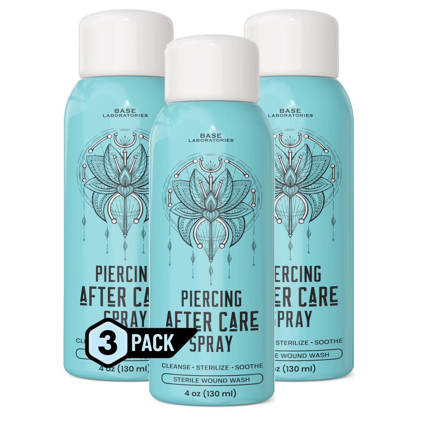 BASE LABORATORIES Piercing Aftercare Spray 4oz | Saline Spray for Piercings | Ear Piercing Cleaner Spray | Saline Solution for Piercings | Piercing & Keloid Bump Removal for Ears, Belly & Nose | 3PK