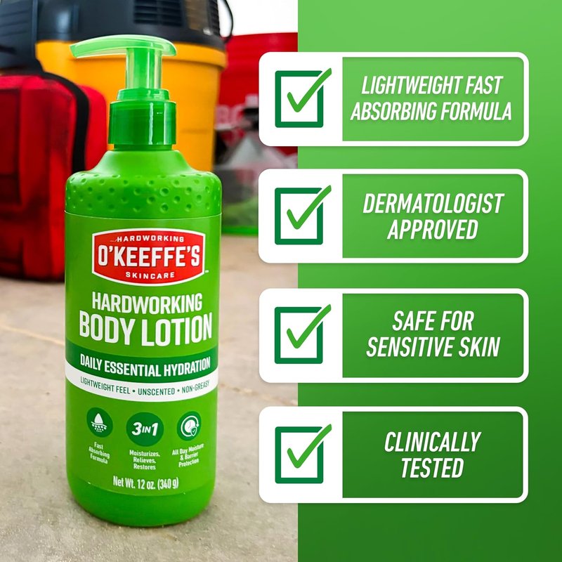 O’Keeffe’s Hardworking Body Lotion - Daily Hydration for Dry Skin | 12 oz Pump, Non-Greasy & Lightweight Formula