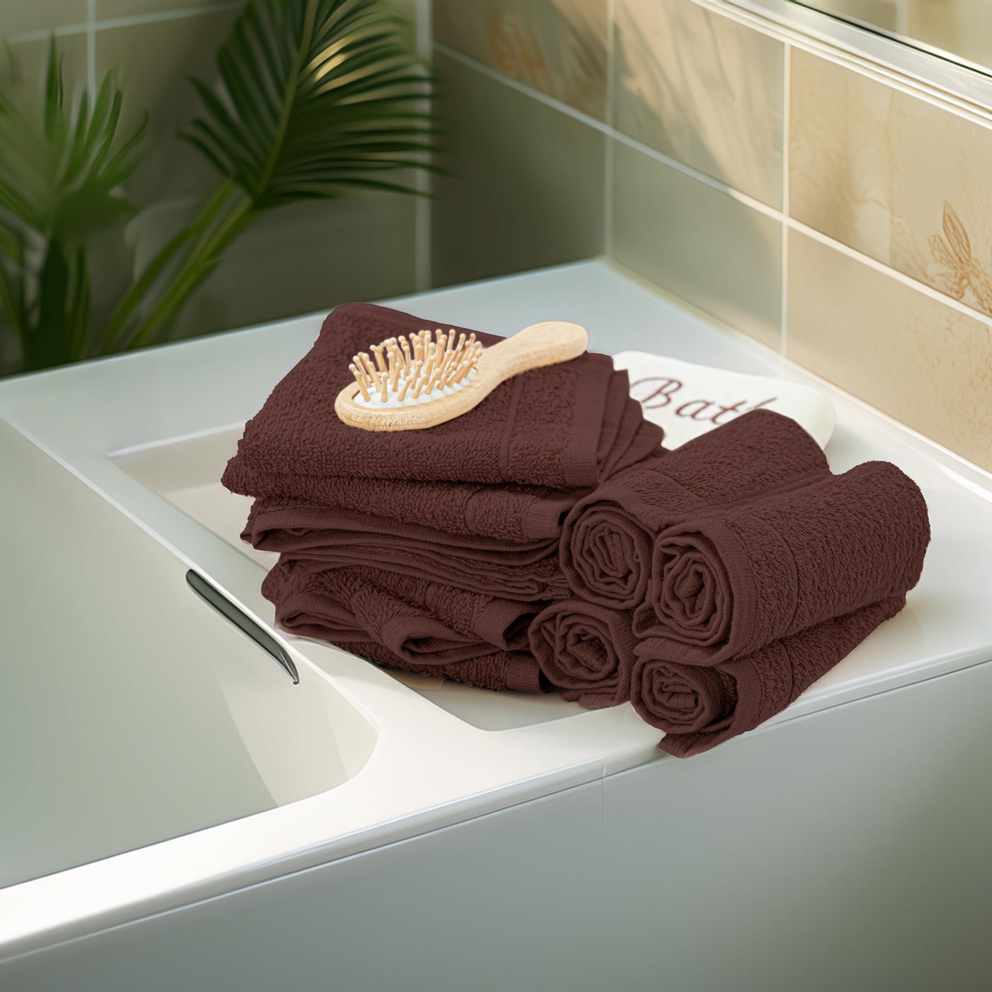 Tens Towels Pack of 12 Washcloths, 12 x 12 Inches, Lighter Weight, Quick to Dry, Super Soft & Absorbent, Gentle Face Towels, Hotel Quality, Perfect for Bathroom, Gym, Spa (Brown, 12 Pack)