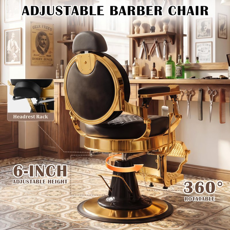 Luxitero Vintage Barber Chair Reclining Black Gold,Heavy-Duty Barbershop Chair,Retro Styling Hair Salon Chair, 550 lbs Capacity