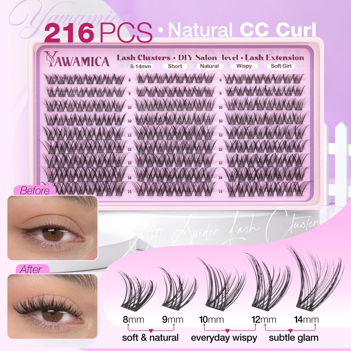 Wispy Lash Clusters Spider Eyelash Clusters 8-14mm CC Curl Cluster Eyelash Extensions 216Pcs Individual Lashes Soft Natural Volume Cluster Lashes Easy DIY Lash At-Home for Beginners by Yawamica