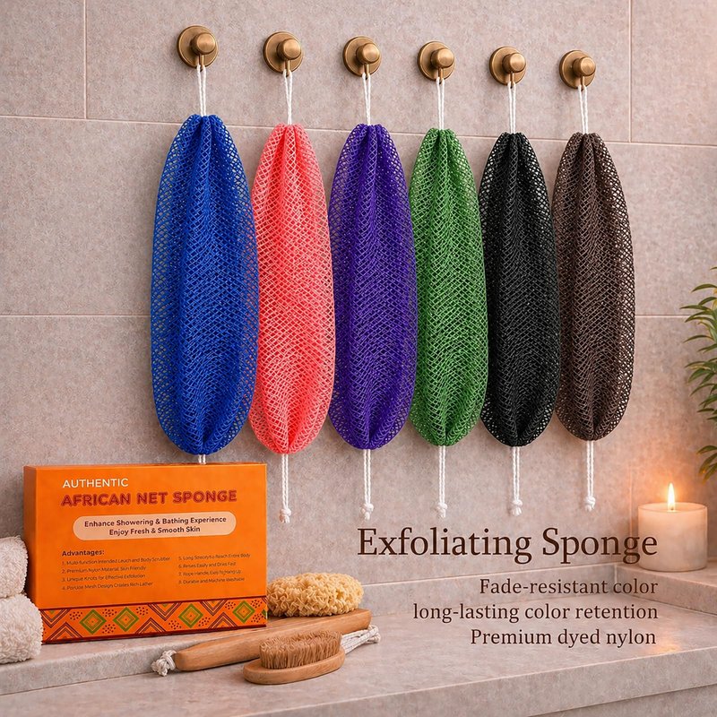 African Net Sponge Authentic, 6 Pcs Real African Exfoliating Net Sponge with Knots for Daily Shower Stretch Back Scrubber for Women and Men Bath Travel Gift Gym Use (6 Pcs)