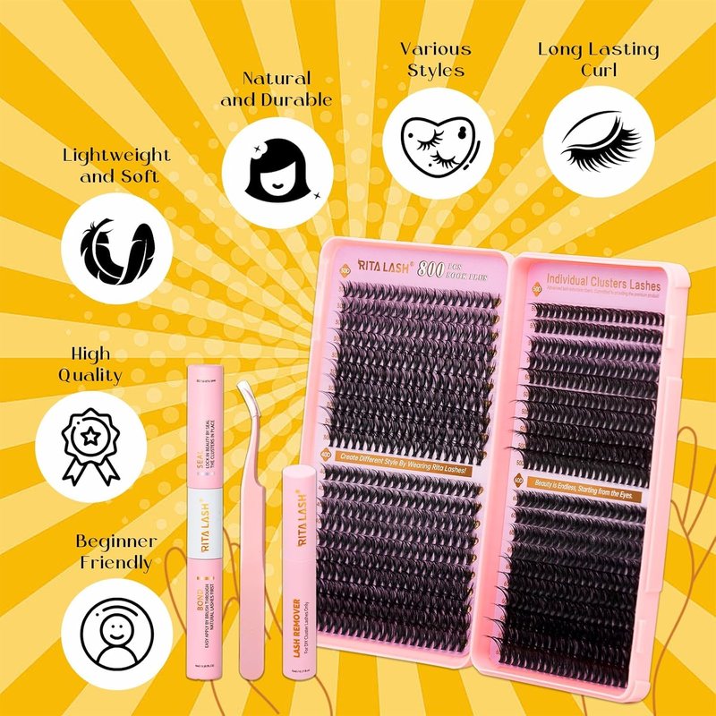 RITALASH Lash Extension Kit - 800pcs DIY Cluster Lashes with Bond, Seal, Remover & Tweezers | 30D-60D, 8-16mm