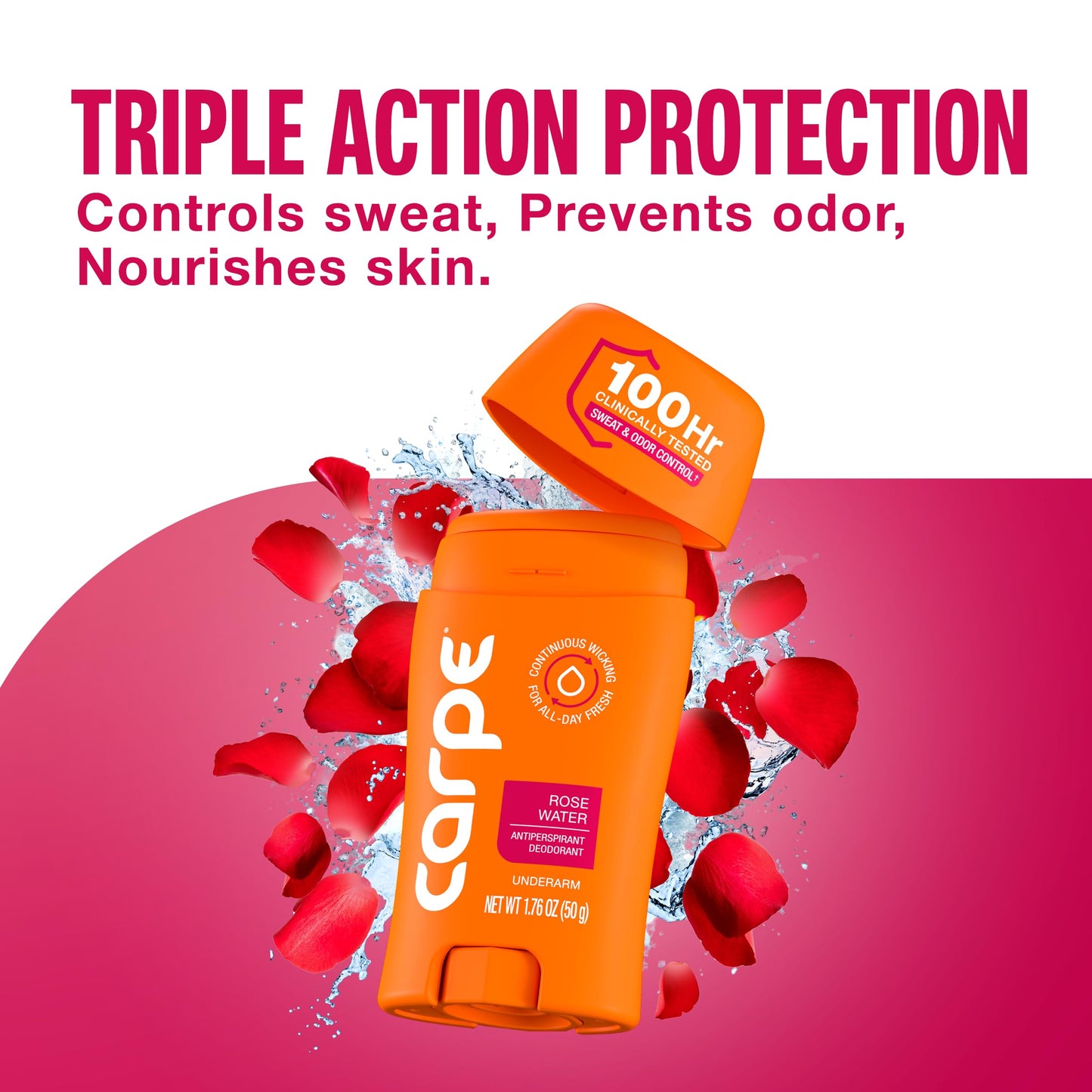 Carpe Underarm Antiperspirant for Women - 100 Hour Sweat & Odor Control - Women's Sweat Control Antiperspirant Deodorant - Extra Strength - Rose Water - 3 Pack