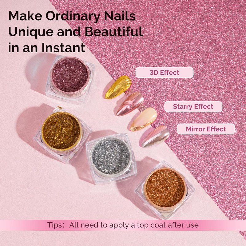 MelodySusie Chrome Nail Powder - 4Pcs Metallic Mirror Effect Pigment for DIY Gel Nails