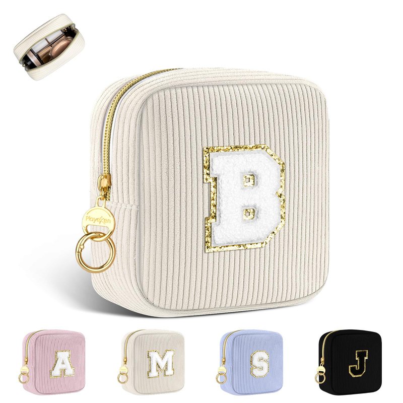 Playexen Small Initial Makeup Bag, Beige Corduroy Personalized Cosmetics Bag with Ring Buckle, Monogram Cute Travel Toiletry Pouch Purse, Birthday/Wedding/Party Gifts (Letter S)