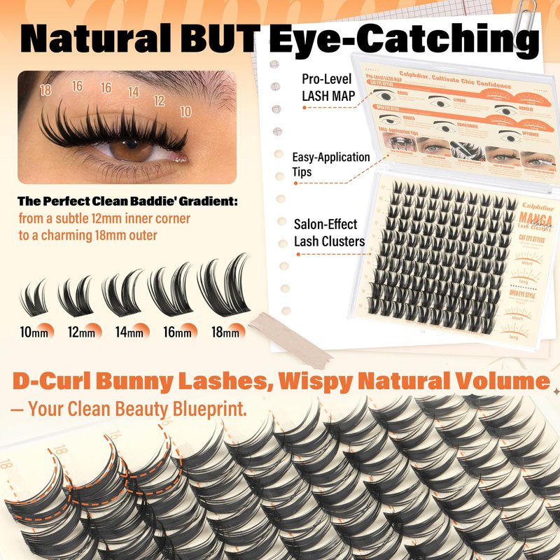 Bunny Lash Clusters Manga Eyelash Clusters Wispy False Eyelashes Clusters D-Curly Individual Lashes Extension 10-18mm Cluster Eyelash Extensions Lightweight Lashes Clusters DIY Cat Eye Open Eye Looks